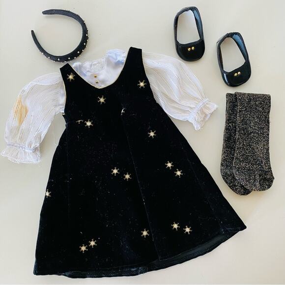 AMERICAN GIRL DOLL Snowflake Jumper Outfit Black Velvet Dress Star Blouse Tights - Picture 10 of 10
